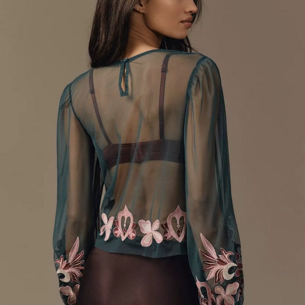 By Anthropologie Long-Sleeve Embroidered Mesh Top size XS nwt - Picture 3 of 9